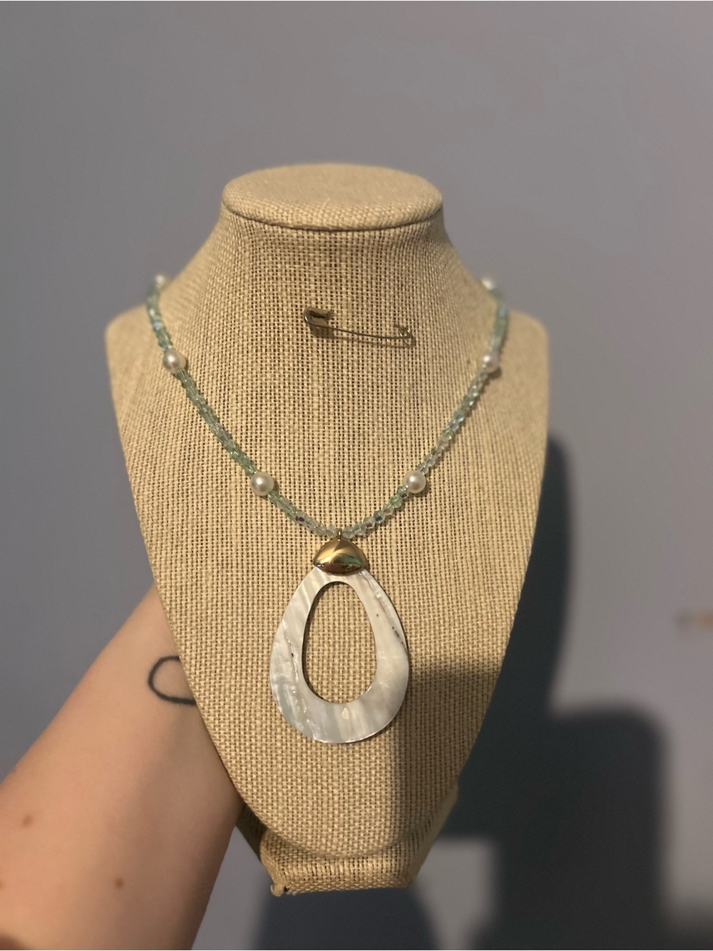 #20. Handmade Up Cycled Pearl and Shell Teardrop Pendant Necklace in Light Blue